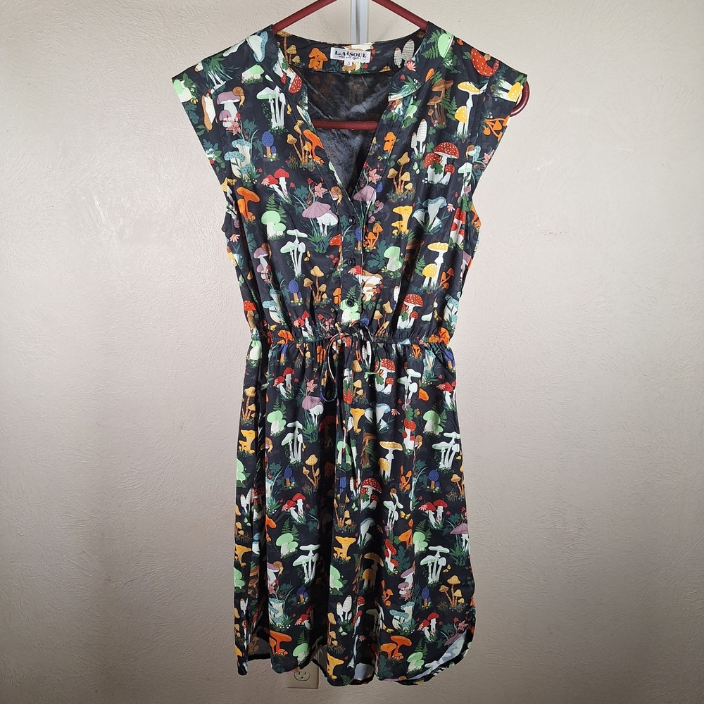 LA Soul Mushroom Print Dress Hi Low Cap Sleeve Novelty Satin Dress Small
